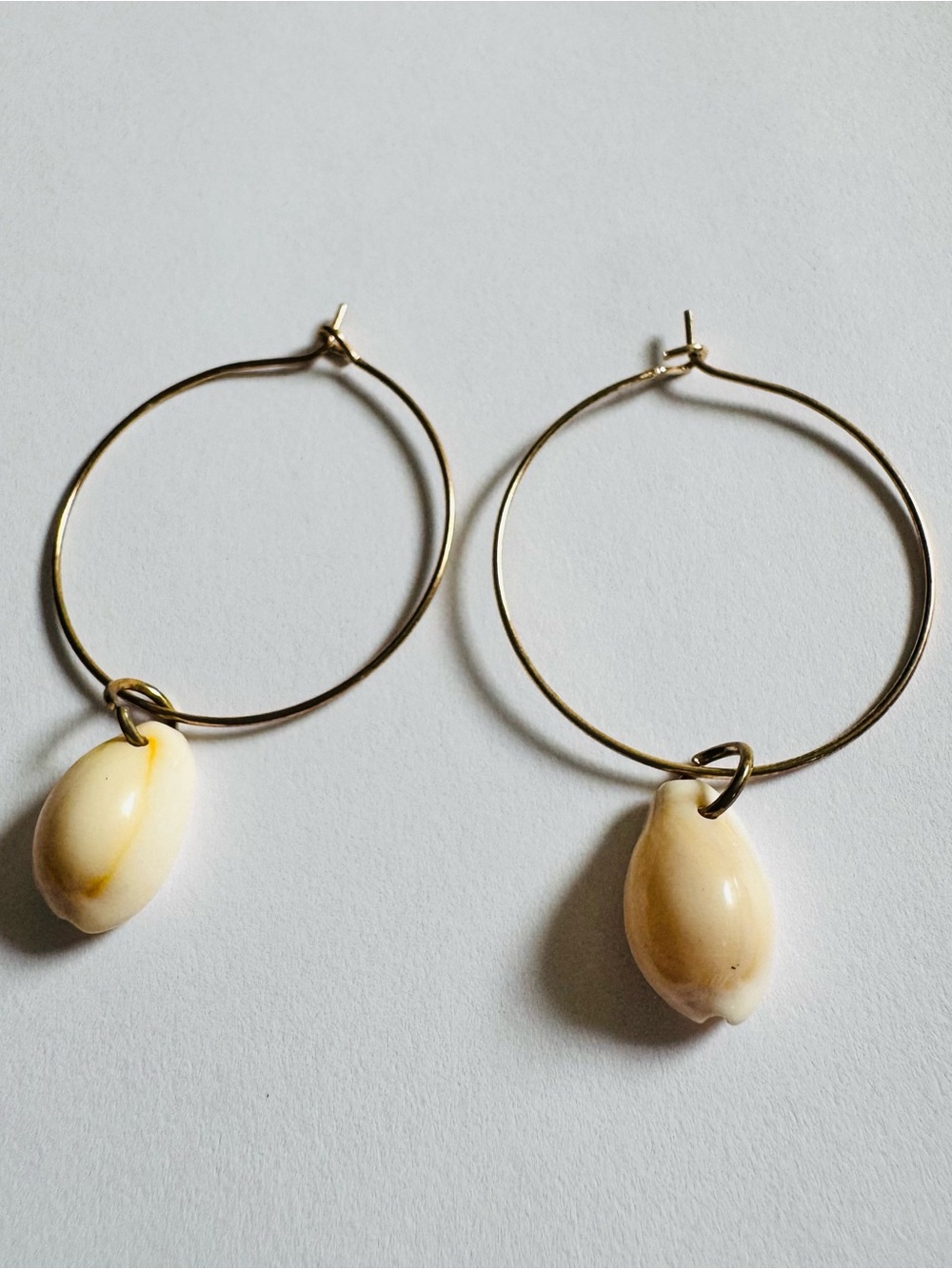 Gold Hoop‎ Earrings with Cream Cowrie Shell Charms